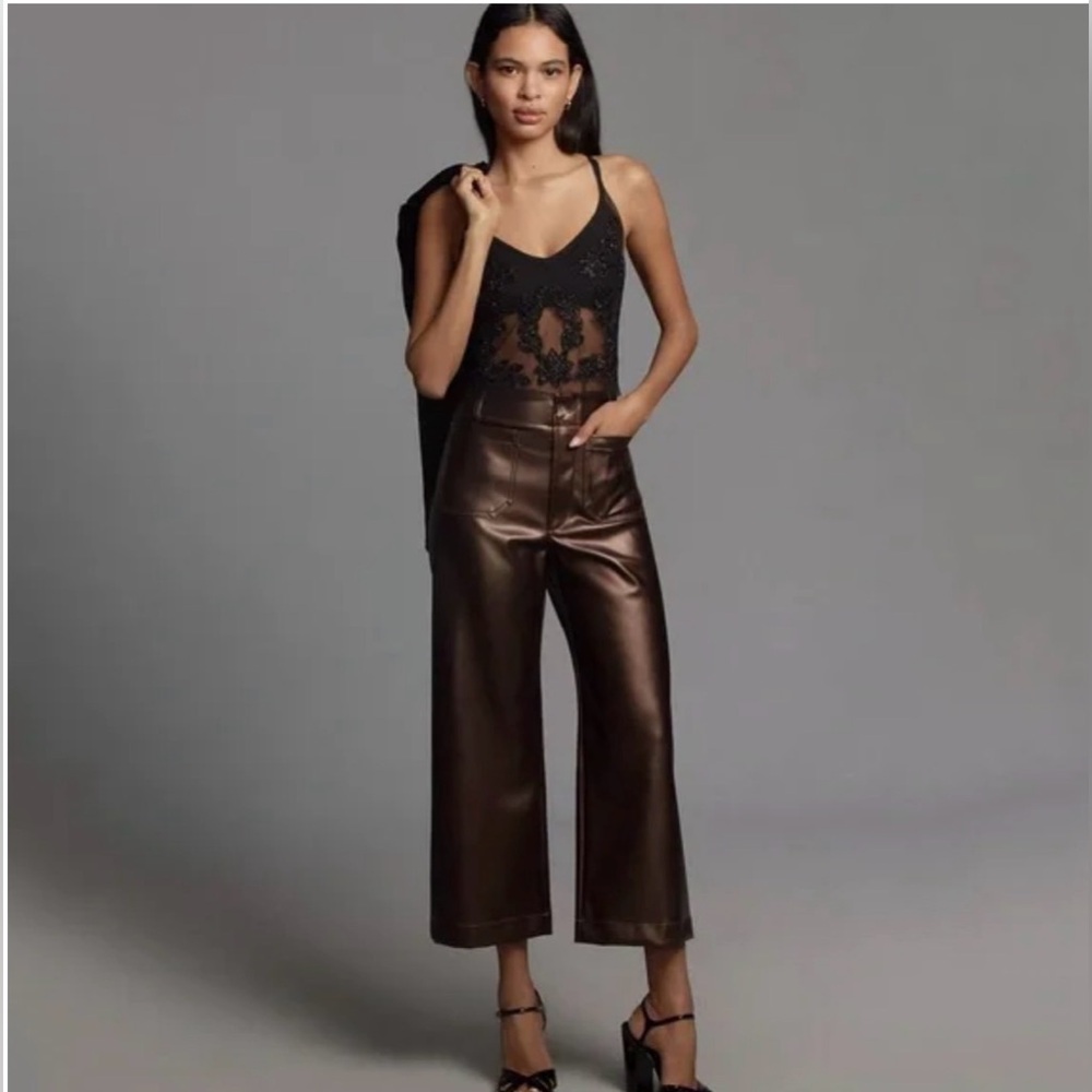 Anthropologie Maeve Colette Cropped Wide Leg Pants Faux Vegan Leather Brown 32